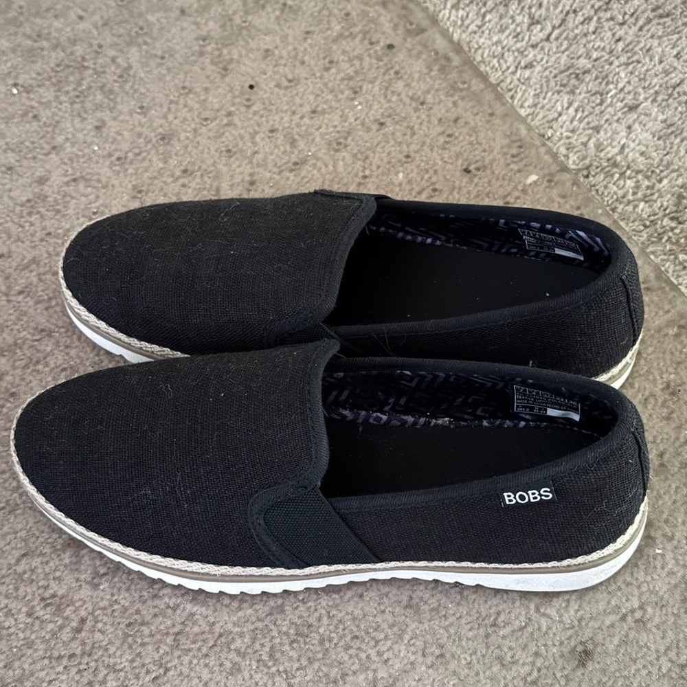 Skechers Bobs Black Slip-On Loafer Espadrille Flat with Minimalist Design